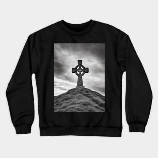 Ancient Stone Celtic Cross on a hill with the Sun shining through the cross in black and white. Crewneck Sweatshirt